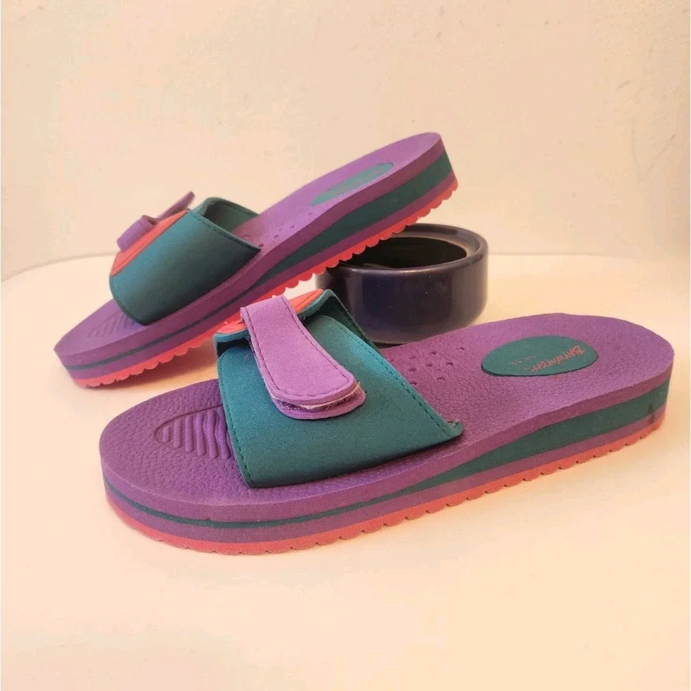 Vtg Baywatch Gear Slides Sandals Flip Flops Womens Neon Purple Pink Blue 1995